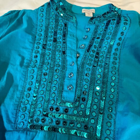 Jaclyn Smith Womens Large Teal Embellished Cotton Blouse - Picture 3 of 10